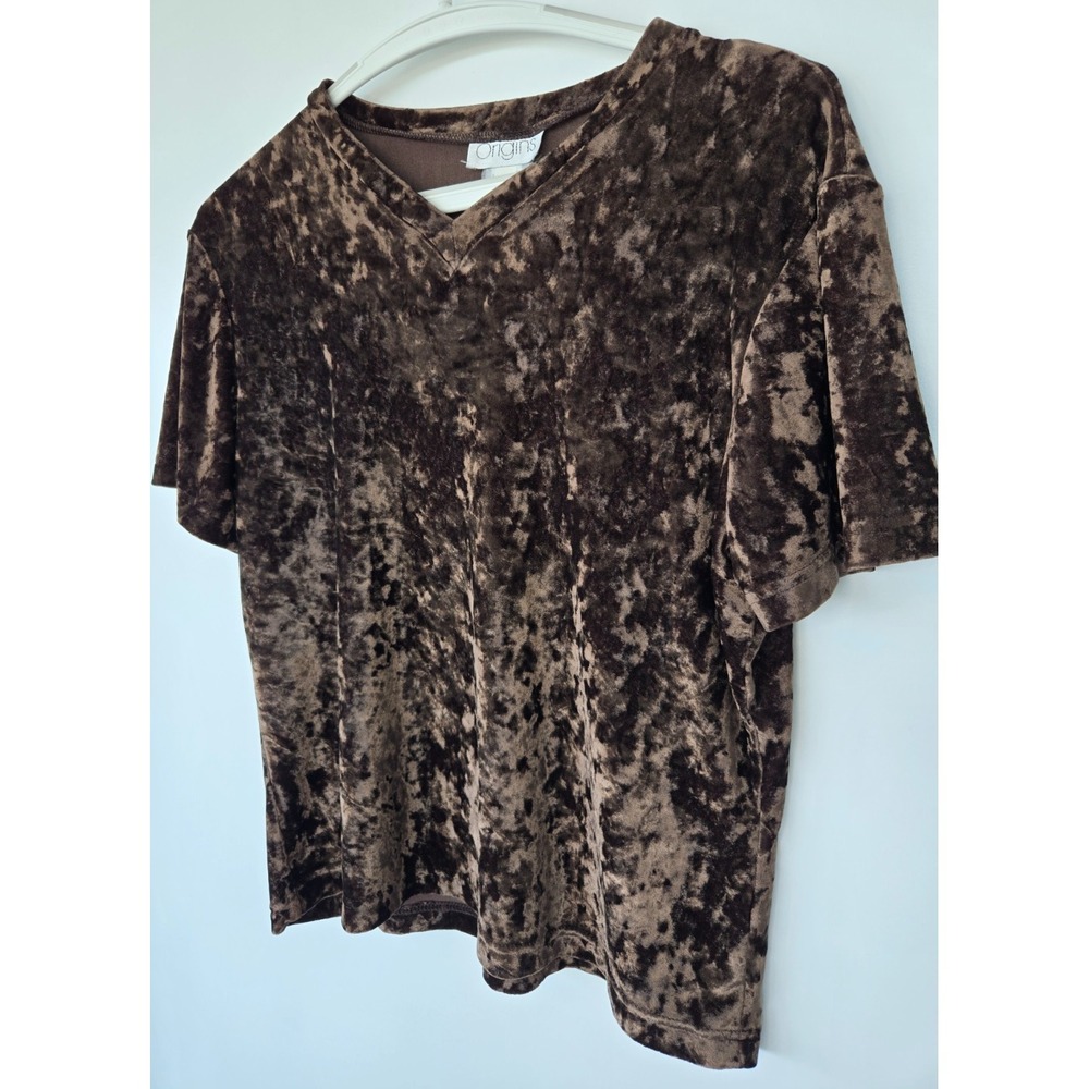 Vintage Origins Brown Velvet V Neck T-shirt W Sz S Gothic Whimsy Y2K Festive - Picture 6 of 16